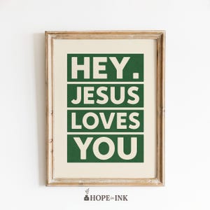 Poster "Gesù ti ama" - Arte murale verde acceso, stampa tipografica cristiana moderna, decorazione con messaggio evangelico ispiratore