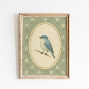 Bluebird on Olive Green – Vintage Style Nursery Wall Art with Daisies