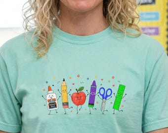 Cute School Supplies Illustration T-Shirt | Pencil Apple Scissors Crayon