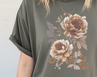 Linocut Peonies Shirt: Comfort Colors Floral T-Shirt