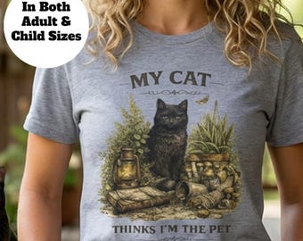 My Cat Thinks I'm The Pet toddler tee | Black Cat Illustration, Woodland Plants