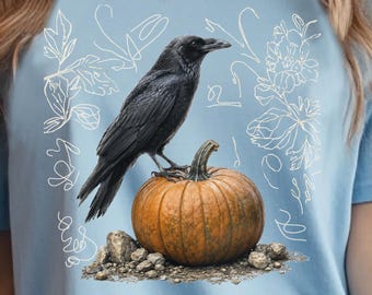Raven on Pumpkin T-Shirt | Gothic Fall Illustration