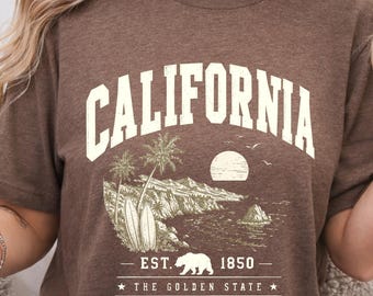 California Surf Sunset T-Shirt | The Golden State Vintage Bear Coastal Graphic