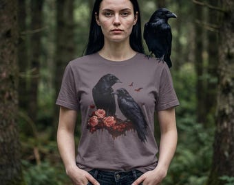 Gothic Ravens with Roses T-Shirt | Crow Illustration Tee