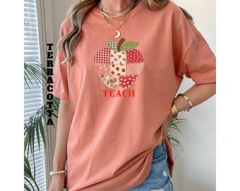 Patchwork Apple Teach T-shirt | Teacher Faux Quilted Apple School Tee