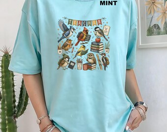 Vintage Songbirds Illustration Teacher Tshirt | Botanical Birds, Field Guide Collage