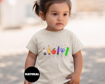 Cute School Supplies Illustration T-Shirt | Pencil Apple Scissors Crayon