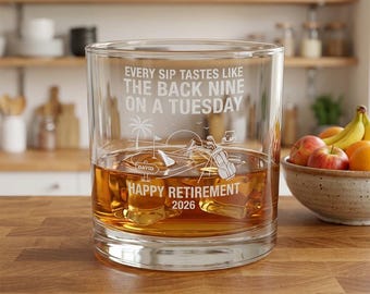 Retirement Back Nine On A Tuesday Whiskey Glass 10.5oz, Engraved Golf Theme