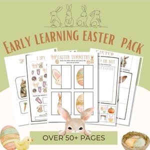Può includere: Un set di fogli di attività pasquali stampabili per i bambini piccoli. I fogli presentano una varietà di attività, tra cui I Spy, Simmetria pasquale e domande vero o falso a tema pasquale. I fogli sono decorati con coniglietti e uova di Pasqua carini.
