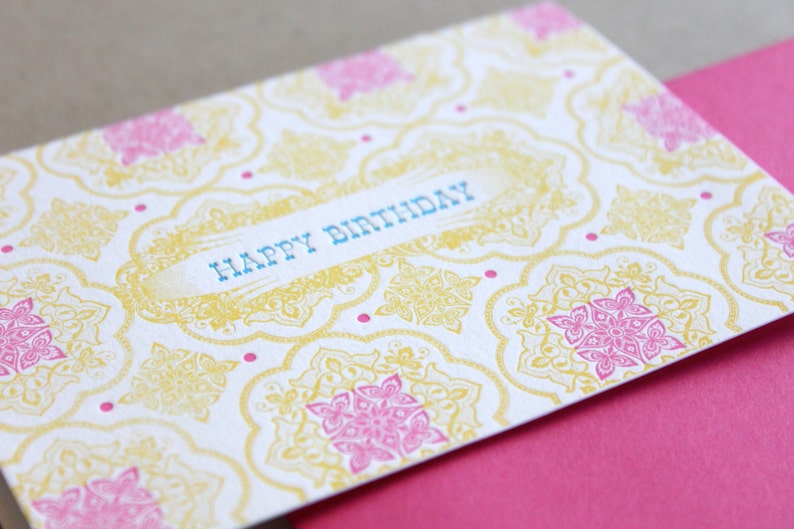 Happy Birthday single letterpress printed card with fuschia envelope image 3