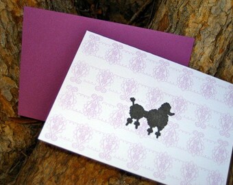 Fifi French Poodle and Lace Single Letterpress Printed Folded Note with Plum Envelope