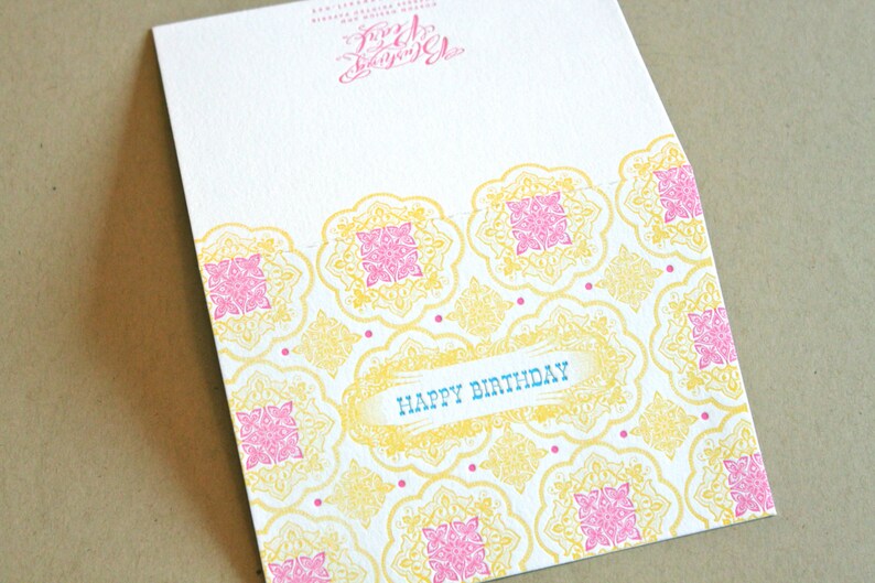 Happy Birthday single letterpress printed card with fuschia envelope image 2