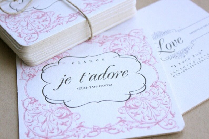 Je T'Adore Letterpress Printed 2-Color Coasters QTY/10 image 1