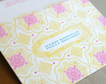 Happy Birthday single letterpress printed card with fuschia envelope