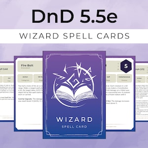 Puede incluir: Un conjunto de cartas de hechizos de mago para DnD 5.5e, con un diseño degradado púrpura y azul. Las cartas muestran hechizos como "Fire Bolt" y "Cone of Cold", con detalles sobre el alcance, el tiempo de lanzamiento y los efectos.