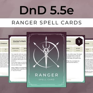 May include: A set of Ranger Spell Cards for DnD 5.5e, featuring a teal and purple color scheme. The cards display spell names, descriptions, and other game information. The text "RANGER SPELL CARDS" is prominently displayed.