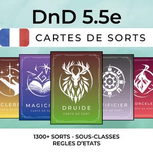 Puede incluir: Se muestran cinco cartas de hechizos para un juego de rol de fantasía. Cada carta presenta un diseño y una combinación de colores únicos, con títulos como "Clérigo", "Mago" y "Druida". Las cartas están etiquetadas como "DnD 5.5e" e incluyen el texto "1300+ Hechizos - Subclases - Reglas de Estados."
