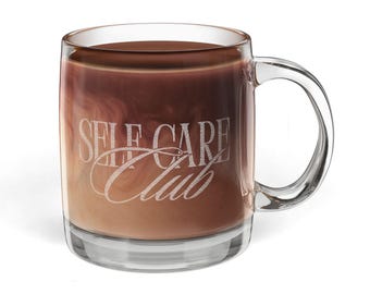 Taza de vidrio grabada del Club del Autocuidado – Taza de café personalizada de 365 ml, taza de vidrio minimalista, regalo para amantes del autocuidado, regalo de bienestar