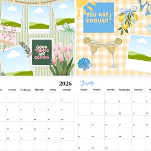 May include: A two-page calendar for May and June 2026. The May page features a pink butterfly, photos, and the text "No Rain No Flowers" and "Good Things Are Coming." The June page includes margaritas, lemons, and the text "You Are Enough!"