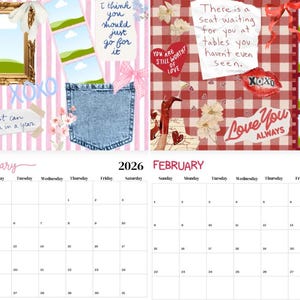 May include: A decorative calendar for 2026 with a pink and white striped background. The left side features a framed picture, flowers, and a denim pocket. The right side has a red and white checkered pattern with hearts and the words "Love You Always".