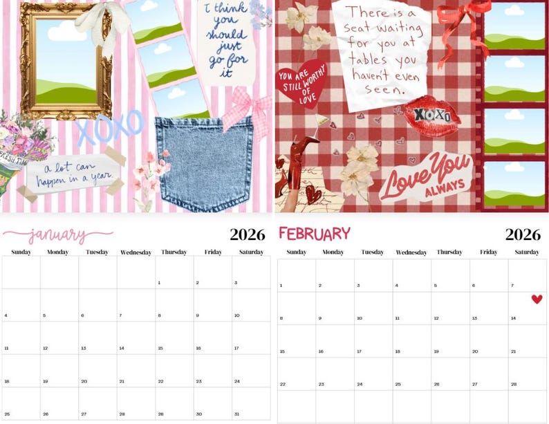 May include: A decorative calendar for 2026 with a pink and white striped background. The left side features a framed picture, flowers, and a denim pocket. The right side has a red and white checkered pattern with hearts and the words "Love You Always".