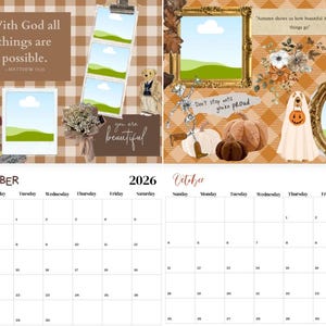 May include: A two-page 2026 calendar with a fall theme. The left page features a collage with the text "With God all things are possible." The right page has pumpkins and a ghost in a Halloween costume.