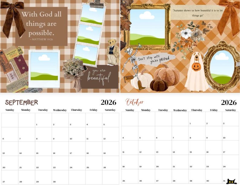 May include: A two-page 2026 calendar with a fall theme. The left page features a collage with the text "With God all things are possible." The right page has pumpkins and a ghost in a Halloween costume.