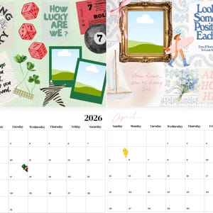 May include: A two-page calendar for March and April 2026. The left page features lucky charms and text, including dice, playing cards, and the phrase "Feeling Lucky." The right page has a framed landscape and inspirational quotes.