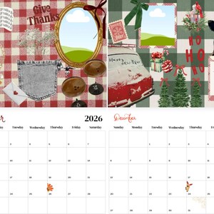 May include: A 2026 calendar with a November and December layout. The November page features a red and white checkered background with decorative elements, including an oval frame and a pocket. The December page has a green and white checkered background with Christmas-themed decorations.