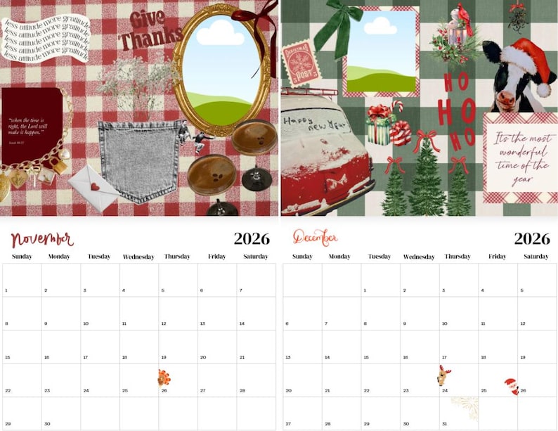 May include: A 2026 calendar with a November and December layout. The November page features a red and white checkered background with decorative elements, including an oval frame and a pocket. The December page has a green and white checkered background with Christmas-themed decorations.