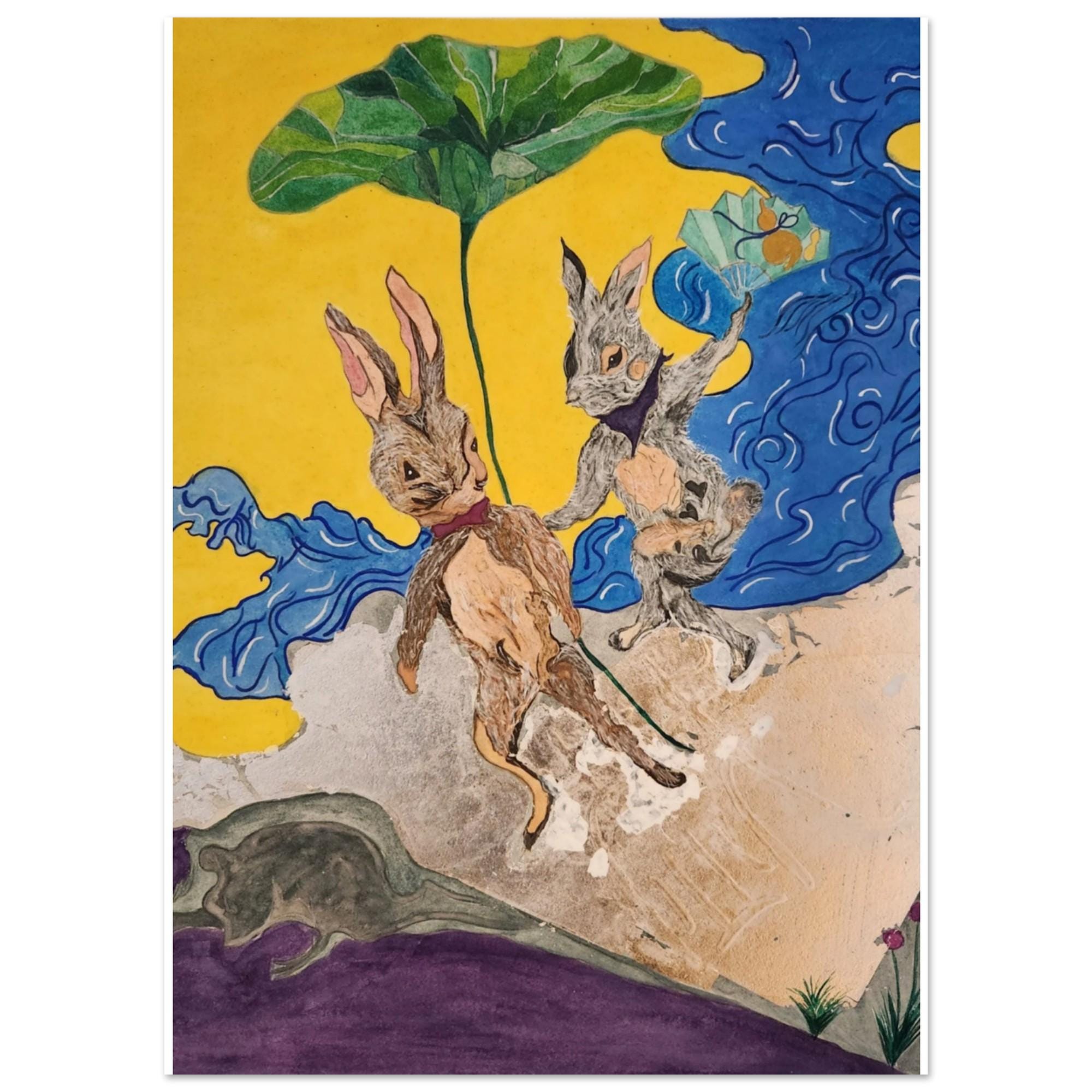 Choju Jinbutsu Giga 鳥獣戯画スタイルのおどけた絵: ウサギとカエルの