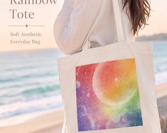 May include: A cream-coloured tote bag with a colourful celestial design. The bag features a vibrant rainbow-coloured planet and stars against a purple and blue background. Text on the bag reads "Pastel Rainbow Tote" and "Soft Aesthetic Everyday Bag."