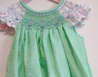 Hand Smocked Bishop Dress in Pale Green with White Eyelet Angel Sleeves - Size 18 Mo.