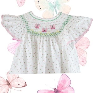 Ready to Ship!Bishop Dress, Hand-Smocked, Size 3,  White Plisse with Butterflies