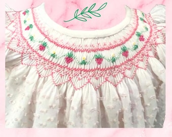 Ready to Ship! Hand Smocked Bishop Dress, size 2 - White with Pink