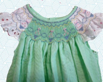 Ready to Ship! Hand Smocked Bishop Dress in Pale Green with White Eyelet Angel Sleeves - Size 18 Mo.