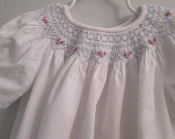 Bishop Dress, Hand-Smocked, Size 2, White Corduroy