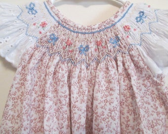 Hand Smocked Bishop Dress in Floral Print with Angel Sleeves - Size 2