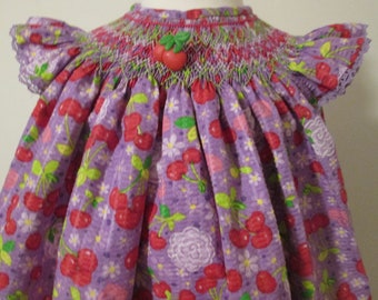 READY TO SMOCK Bishop Dress, Purple with Cherries Tutti Frutti