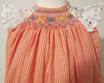 Hand Smocked Bishop Bubble in Orange Gingham, size 18 months