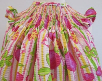 READY TO SMOCK Bishop Dress, Bright Strawberry Print Tutti Frutti Fabric, 18M only