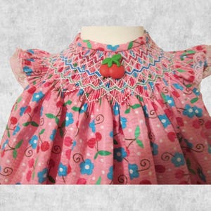 Ready to Ship! Pink and  Cherries Girl&#39;s Smocked Bishop Style Dress, Size 18 months