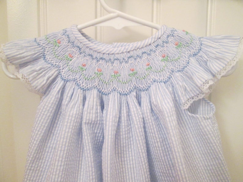 Robe baby Bishop ou boule, smockée à la main, rayure seersucker, taille 3 mois à 3 ans image 2