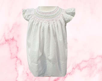 Hand Smocked Bishop Dress, size 3 - white seersucker