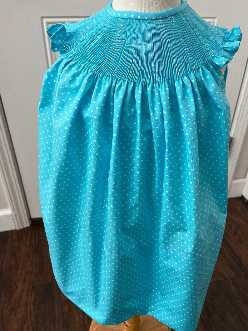 Cotton Turquoise with White Dots Ready to Smock Dress or Bishop image 3