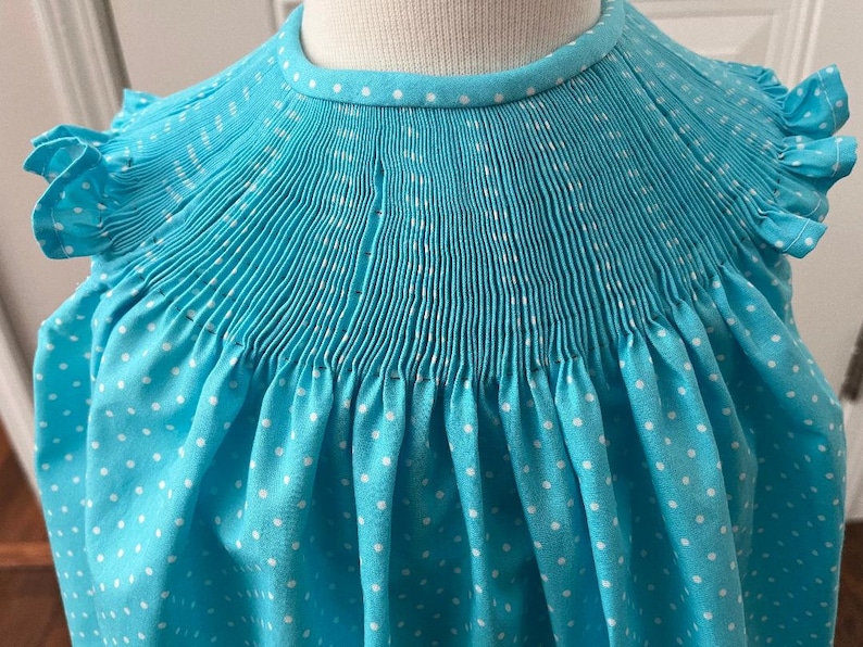 Cotton Turquoise with White Dots Ready to Smock Dress or Bishop image 1