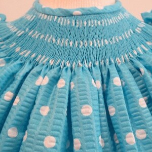 Ready to Ship! Ready to Smock Bishop Dress - Turquoise Dotted Print  in Tutti Frutti Fabric, size 6M only