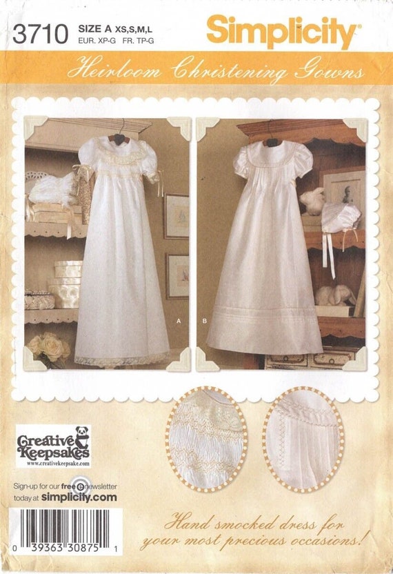 NEW Simplicity Sewing Pattern 3710 Creative Keepsakes Heirloom Hand Smocked Christening  Baptism Dress Gown & Bonnet Size 1-18 Months - Etsy