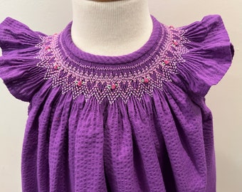Hand Smocked Bishop Dress in Purple Seersucker, size 18 months