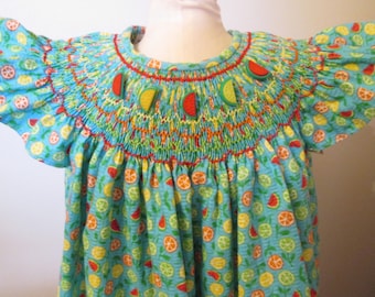 Bishop Dress, Hand-Smocked, Turquoise with Fruit